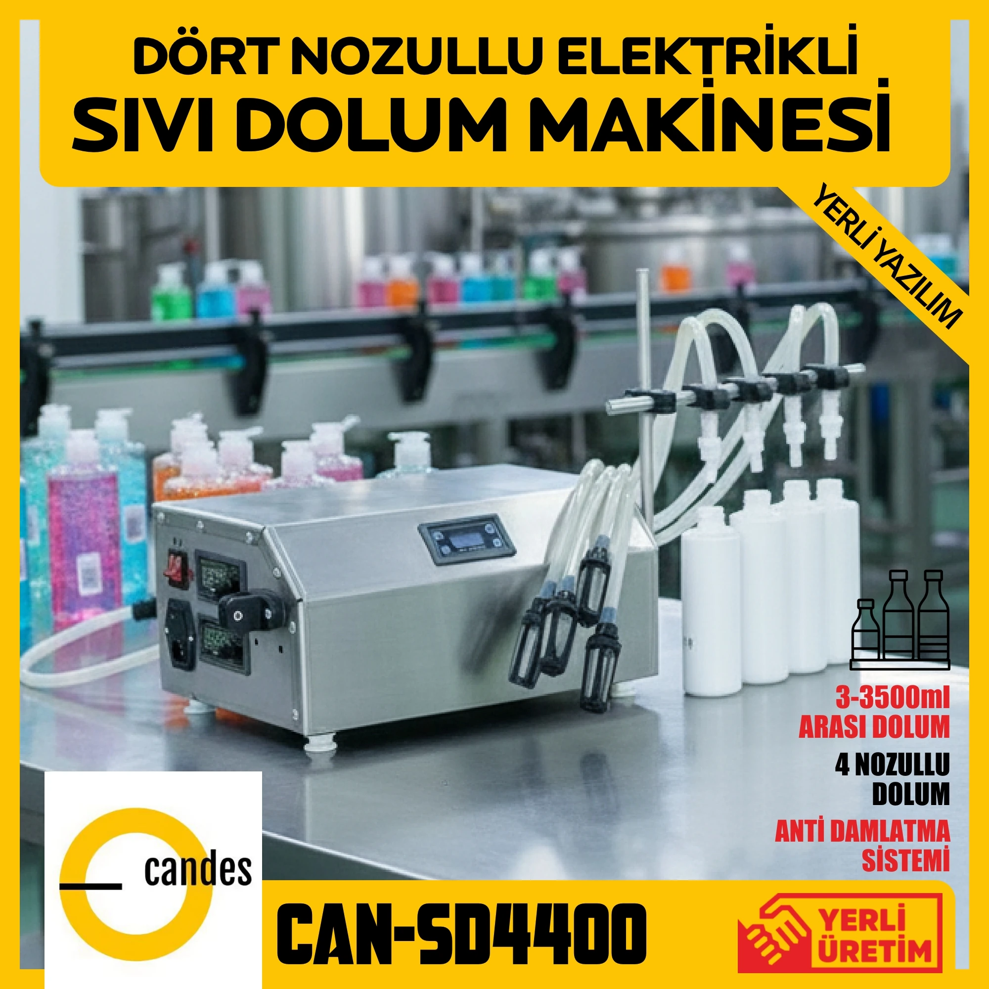 Candes CAN-SD4400 | 4 Nozullu Yarı Otomatik Sıvı Dolum Makinesi | 3–3500 ml